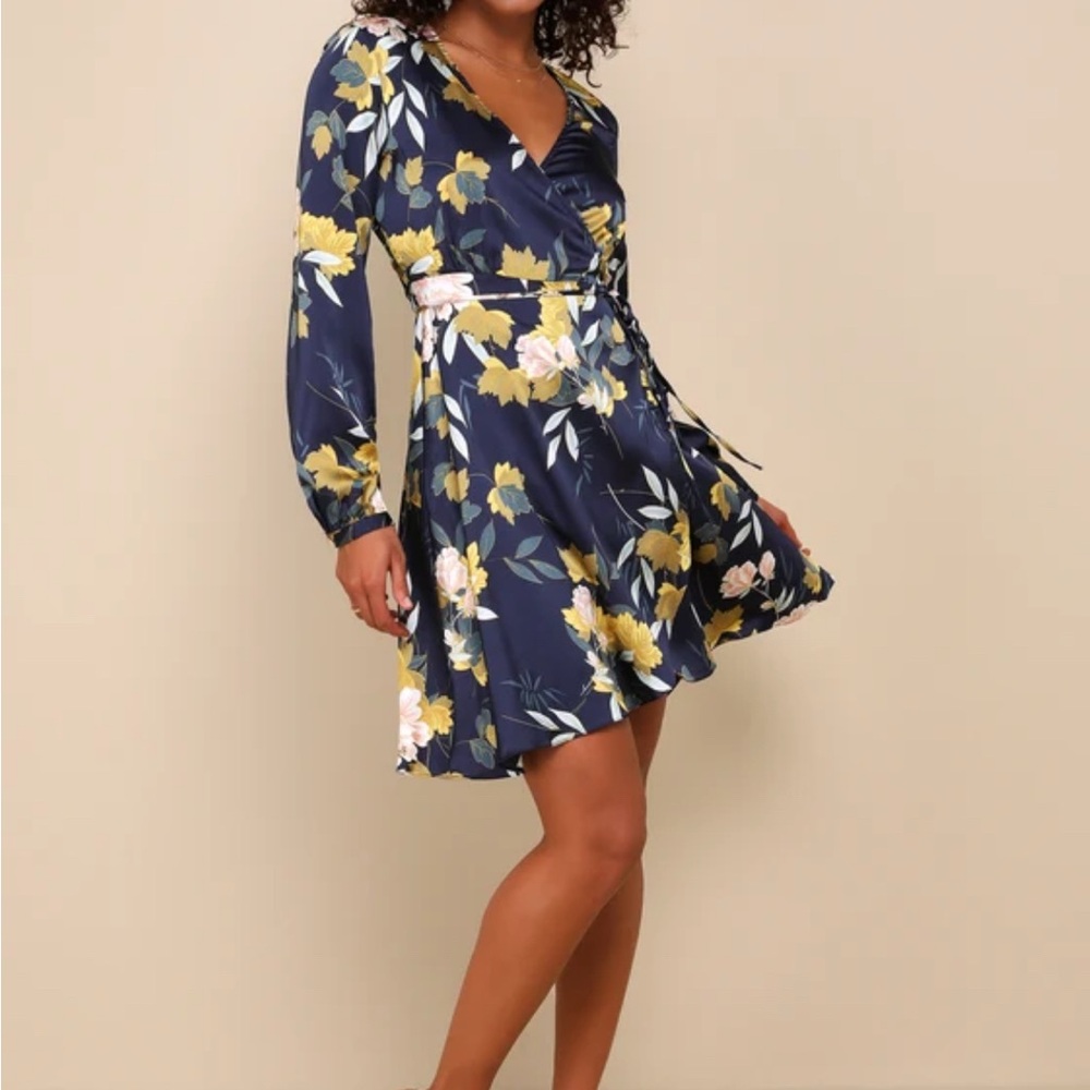 Love Is Life Navy Blue Floral Print Satin Wrap Dress